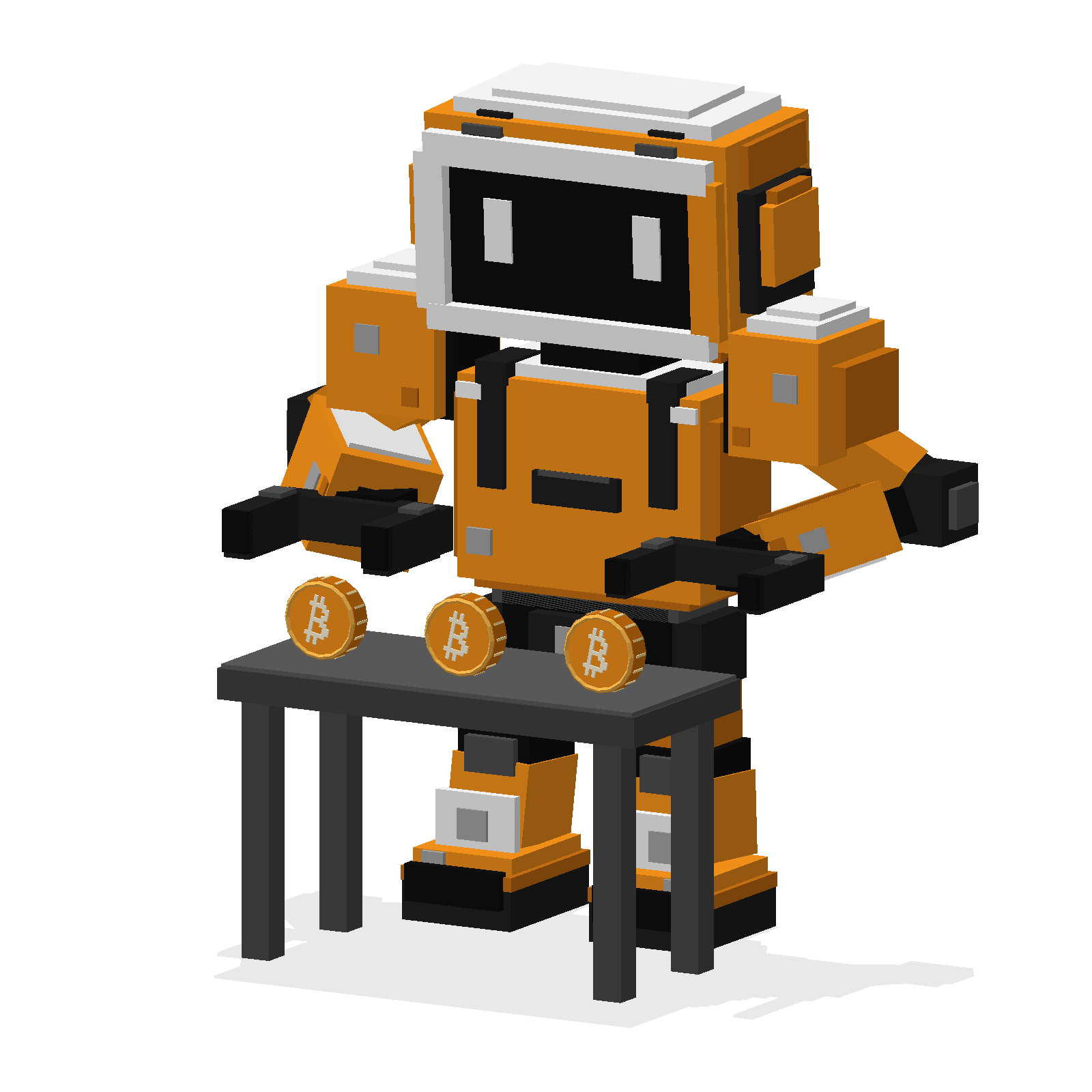 Orange Bitcoin robot assembling three Bitcoin coins